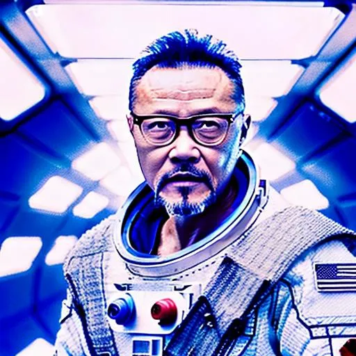 Prompt: Jiang Wen is a futuristic civil servant dressed in a Space-1999-inspired business suit on a space station. photorealistic, accurate face
