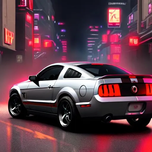 Prompt: mineral grey 2005 mustang gt in a cyberpunk city during the night with glowing red taillights