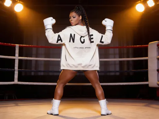 Prompt: @gvR25cLQhiApa6IbgGkZ Photorealistic,stands in the center of a boxing ring under warm spotlights, wearing a oversized long sleeved zip up front Ivory hoodie fully open. Black writing on the back as per reference image 01 across the shoulders and back, white boxing boots and white boxing gloves. She strikes a confident competition pose. Shot from the back, eyes meeting the camera. Canvas floor . Natural skin texture with strong muscle definition. Boxing atmospere with blurred cutains in the background in a slight darkness darkness.
