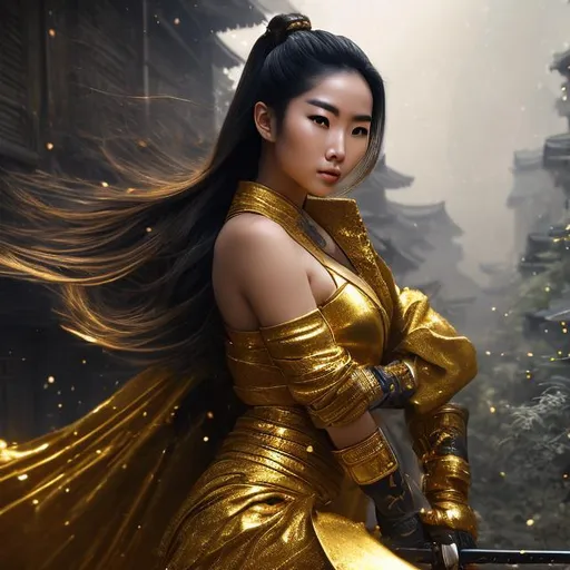 Prompt: create best quality photograph of beautiful female ninja who is wearing all golden ninja style robes,  matching background for the charecter, detailed face, extremely detailed environment, extremely detailed background, extremely detailed skin, extremely detailed clothing, natural colors , professionally color graded, photorealism, 8k, realistic, moody lighting, galactic environment, volumetric lighting