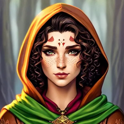 Prompt: elf, druid, tattoos,  short curly hair, brown hood, female, dnd, illustration, portrait, scars, freckles