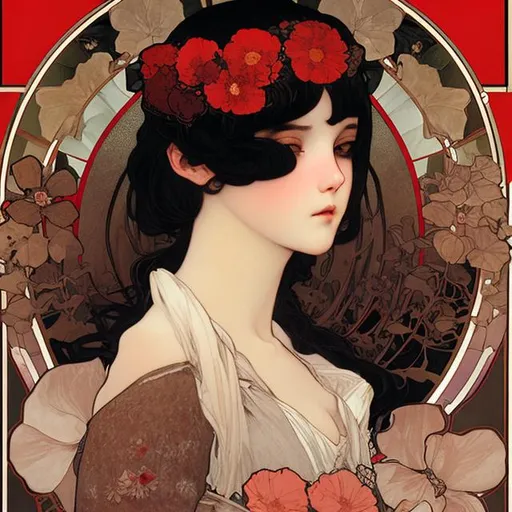 Prompt: a black haired girl, with flowers, red, by mucha and murata, art noveau