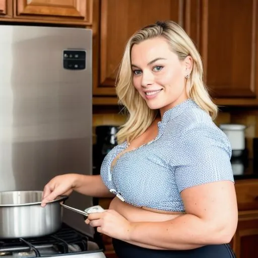 Prompt: margot robbie with a fat obese stomach cooking in her kitchen