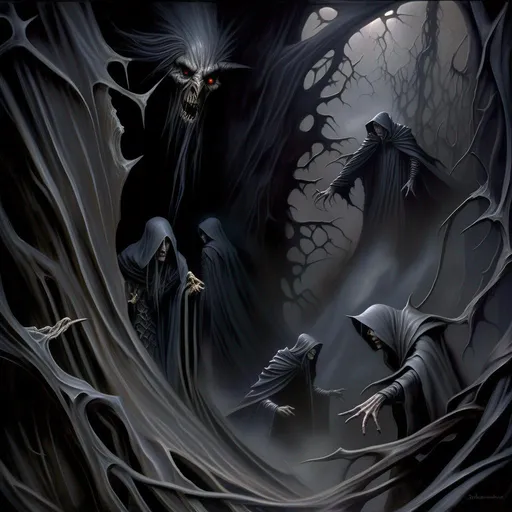 Prompt: The edge of the abyss haunted by ash and shadows while terror is reaching out its grip, detailed scene, digital painting, hyperrealistic, fantasy, Surrealist, by Brian Froud and Stanley Artgrem Lau, artstation, highly detailed, sharp focus, wide angle shot, mystical, stunningly beautiful, dystopian, grey, black, cinematic lighting, dark