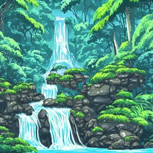 Prompt: Waterfall in rainforest anime style 