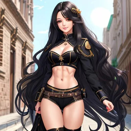 Prompt: extremely realistic, hyperdetailed, extremely long black wavy hair anime girl, blushing, smiling happily, wears steampunk clothing, toned body, showing abs midriff, highly detailed face, highly detailed eyes, full body, whole body visible, full character visible, soft lighting, high definition, ultra realistic, 2D drawing, 8K, digital art