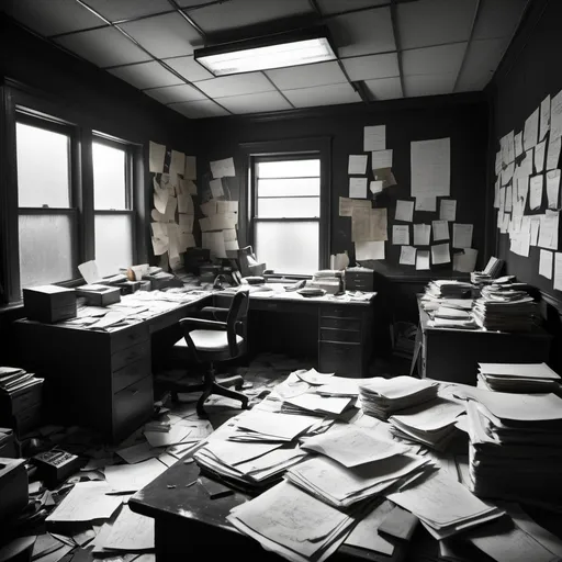Prompt: Retro, A grimy, untidy office of a paranoid man at night, with moonlight shining through the window, noir, mystic symbols scrawled on the walls, papers scattered