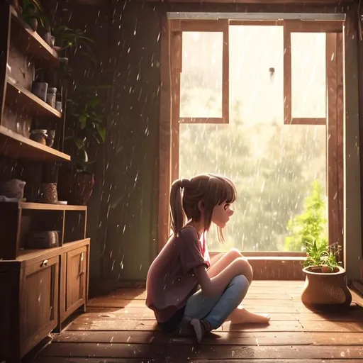 Prompt: An animated teenage female character sitting in front of a window. Outside it is raining. Inside is a rustic setting with a sofa and simple table. Make the scene a relaxing and comfy environment.