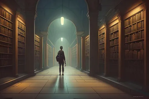 A person standing in a hallway of an empty library,... | OpenArt