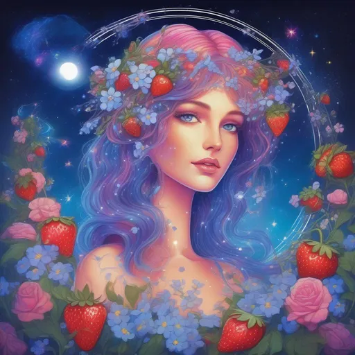 Prompt: A beautiful and colourful picture of Persephone with forget-me-not flowers, Baby's Breath flowers and strawberry plants surrounding her, framed by the moon and constellations in a Lisa Frank art style. 