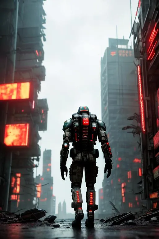 Prompt: 70 mm lens, cinematic movie, shot, full body back view, centered, award winning CGI, perfect angle, melancholy,

{(cyberpunk advance soldier:1.4), (detailed glowing advance armor), fused gun + arm, (action pose), detailed advance helmet}, (detailed epic destroyed city dystopian cyberpunk background:0.7), dominating, confident, 

(Detailed, ultra detailed:0.7, finest detail, intricate), vivid color, photorealistic, epic movie poster,

(Epic proportion, epic composition, epic sci-fi, symmetric, epic fantasy),

3D renders, RTX, octane render, photorealistic, hyper realistic, (bloom:0.2), volumetric lighting, neon reflection, reflection, ray tracing, global illumination, depth of field, soft shadow, neon glow, trending on artstation,

HD, UHD, 64K, 128K, professional work, masterpiece, Greg Rutowski,