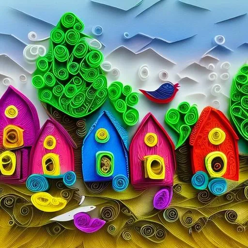 Prompt: a village with tiny houses, trees and birds,  crisp quality, Unreal Engine, colourful, hdr, cinematic postprocessing, acrylic art, quilling, magical, whimsical