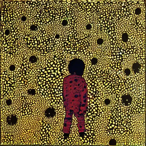 Prompt: little prince in an open field, yayoi kusama