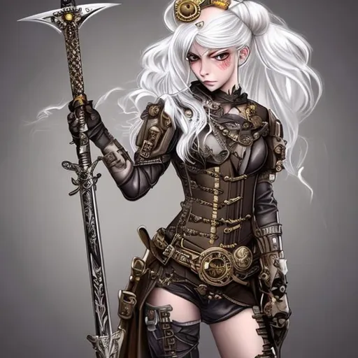 Prompt: make a girl with platinum blonde hair wearing a steampunk medieval outfit holding a silver sword with a flower engraved on it's blade 