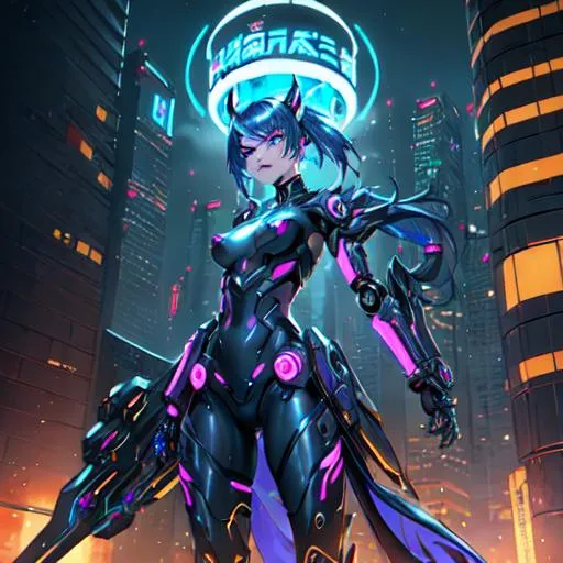 Prompt: Fierce and elegant, a female cyberpunk robot warrior strides through a post-apocalyptic cityscape, wielding a cyberpunk-inspired weapon in one hand. She is adorned with intricate gears, cogs, and electronic parts, with steam billowing out from various openings. Her eyes glow with a radiant blue light, symbolizing her advanced technology and unwavering determination. The image captures the juxtaposition of Victorian-era aesthetics with futuristic steampunk elements, showcasing the beauty and strength of this unique character design. The art style is detailed and vibrant, with a touch of vintage sepia tones to enhance the steampunk atmosphere.