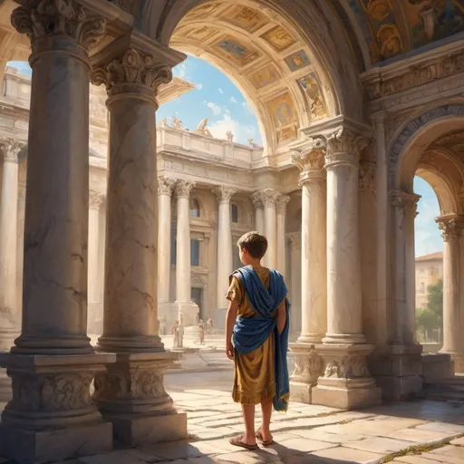 Prompt: (roman boy), wearing traditional Roman blue and gold attire, looking around with curiosity, intricate (roman architecture), grand columns, marble statues, warm sunlight streaming through arched windows, detailed stone textures, ancient mural paintings, serene ambiance, capture historical essence, (vibrant colors), (ultra-detailed), (HD).