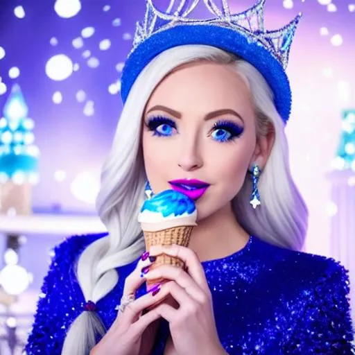 Prompt: Ice Queen Kayleigh McEnany, Elsa, eating blue ice cream in winter palace, blue lipstick, city skyline, Large frozen Ball Gown, pleasant face, blue eyes, Black-purple eyeshadow, Sugar Hat, extremely large ice earrings. Wide Blue heart necklaces, Cold color scheme, snowing, Wind trails ultradetailed, 8k resolution, perfect, smooth, high quality, shiny. Dense Fog