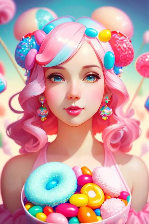 Prompt: A beautiful candyland girl, made of jelly beans, lollipops, cotton candy, muffins, colorful, cute, whimsical, art by Atey ghailan, victo ngai, ilya kuvshinov, Thomas Kinkade, artgerm, highly detailed, cinematic smooth, high definition, unreal engine, cinematic lighting, super clear resolution 