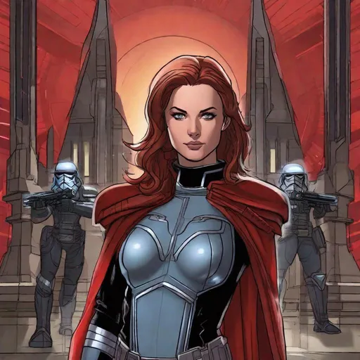 Prompt:   Jean Gray from X-men in sith armor. In background a scifi dark side temple. Well draw face. Detailed. Star wars art. Rpg art. 2d art. 2d.