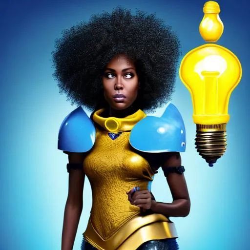 Prompt: Beautiful black woman with curly afro standing tall and slim with yellow leather armor long neck and shaped like a lightbulb. She wears blue boots. Eyes shaped like marbles and skin tone is black and white 