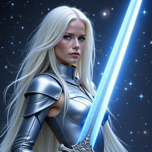 Prompt: she is in silver armor it glitters, her eyes glow with blue fire,, she is holding a very ornate sword it is silver, and it glows brightly with blue energy. In the background is the universe with star clusters and nebula,s and gas  formations, her hair and cape is blended into the universe behind her