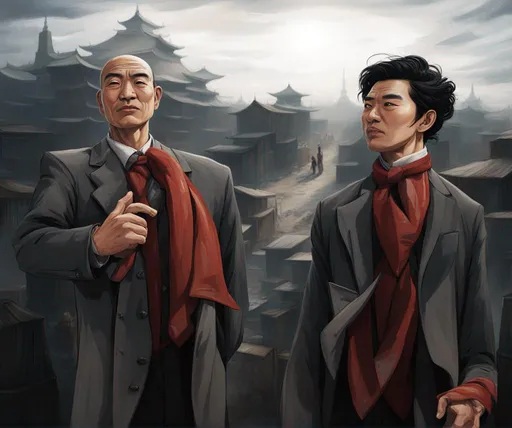 Prompt: A captivating image emerges - an Asian person donning a unique fusion of Eastern and Western attire. Their long necktie adds a touch of formality, while their overcoat robe makes their outfit look similar to a business suit. They radiate strength, resembling a terra cotta warrior in a necktie. The scene is set amidst the backdrop of a warehouse and/or hangar, evoking a realistic and picturesque landscape. The photograph captures the essence of this intriguing blend, inviting viewers to delve deeper into the fusion of cultures.