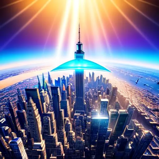 Prompt: Medium shot super detailed lifelike illustration, intricately detailed, rays of sunlight clear  skies detailed  view of an alien space ship landing in nyc  this summer 
masterpiece photoghrafic real digatal ultra realistic hyperdetailed 

iridescent reflection, cinematic light,

volumetric lighting maximalist photo illustration 4k, resolution high res intricately detailed complex,

soft focus, realistic, heroic fantasy art, clean art, professional, colorful, rich deep color, concept art, CGI winning award, UHD, HDR, 8K, RPG, UHD render, HDR render, 3D render cinema 4D