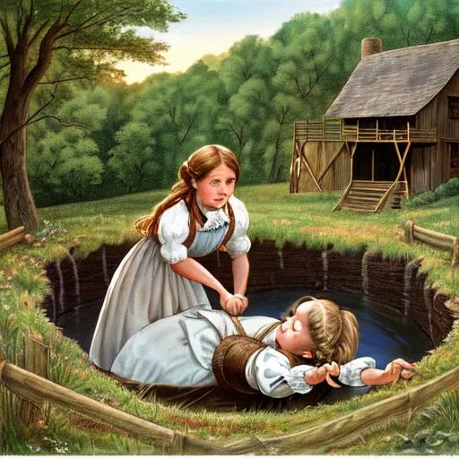 Prompt: Deleted scene from Little House on the Prairie when Laura Ingalls falls down a well