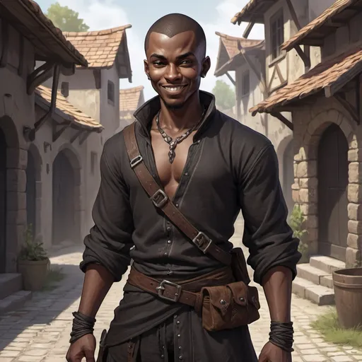 Prompt: Full body, Fantasy illustration of a male black rogue, 28 years old, black skin, short hair, wornout rogueish garment, cunning expression, mocking smile, high quality, rpg-fantasy, detailed, in a african-style fantasy town