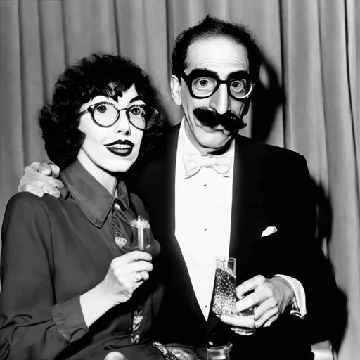 Prompt: Groucho Marx on a night out on the town with Joyce Dewitt both smoking cigars and walking their pet birds. Purple Haze green carpet red shoes black eyes.