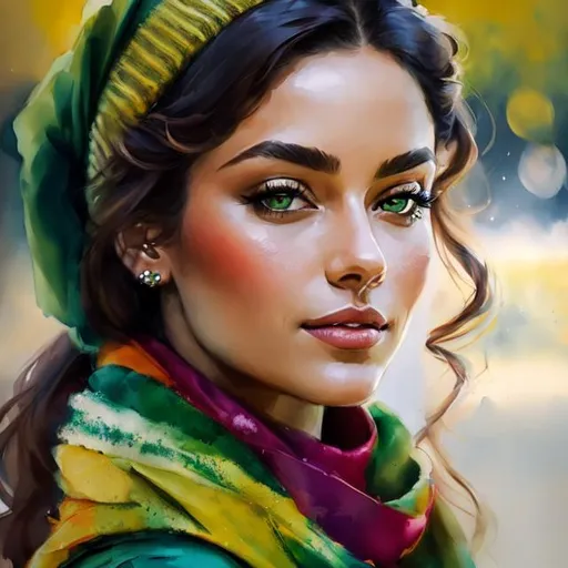Prompt: a woman wearing a green scarf
