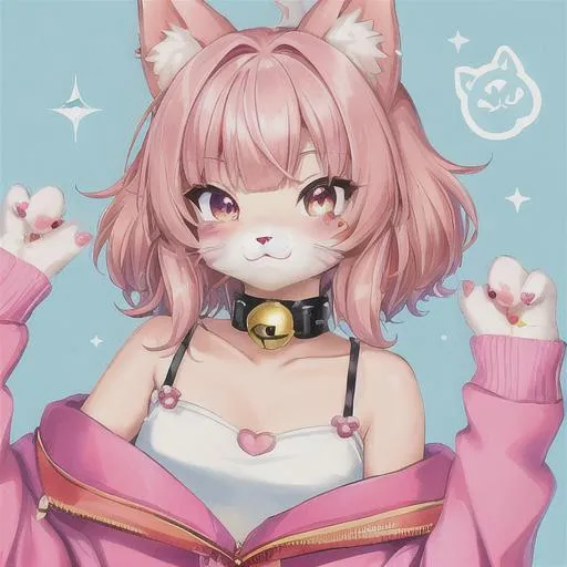 Prompt: gacha game style, anthropomorphic furry, adorable kitten, pink eyes, cute furry, soft short hair, anthro furry, anthropomorphic furry, bell collar, face stickers, sparkles, cute
