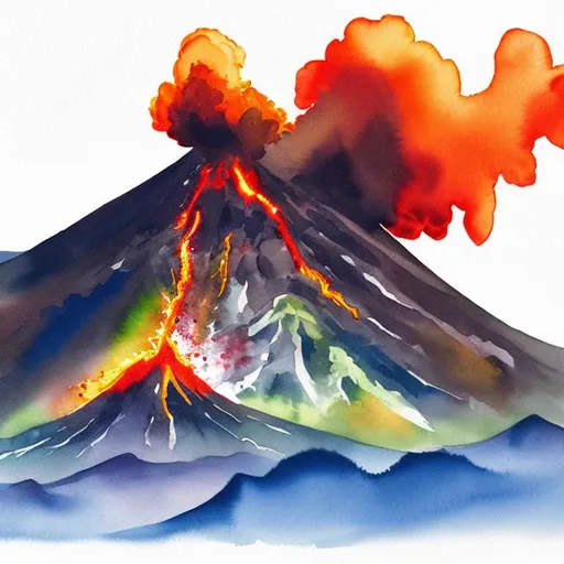 Prompt: Volcano Range Erupting in watercolor