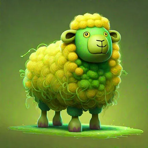 Prompt: Bipedal creature resembling a green sheep with yellow wool, yellow mop of hair, slightly slimy, masterpiece, best quality, in kirby style
