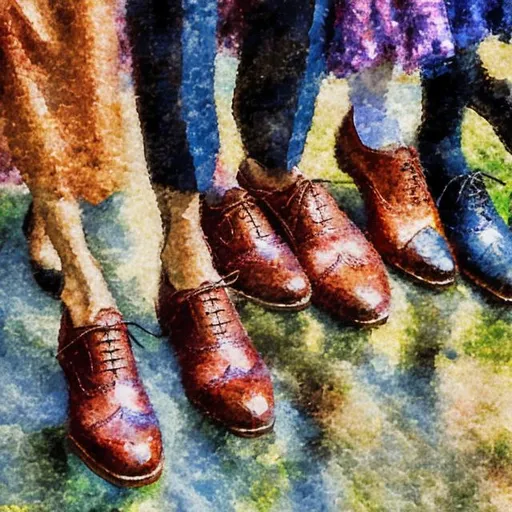 Prompt: A parade of Oxford shoes in impressionist style