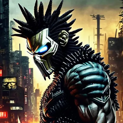 Prompt: Focused. Sharp. 4k. Afro hair. All Might punisher spawn. Afro. all-black camo. Full body. Imperfect, Gritty, futuristic army-trained villain. Half face mask. Bloody. Hurt. Damaged. Accurate. realistic. evil eyes. Slow exposure. Detailed. Dirty. Dark and gritty. Post-apocalyptic Neo Tokyo .Futuristic. Shadows. Sinister. Armed. Fanatic. Intense. 
