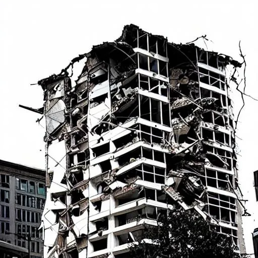 Prompt: buildings collapsing into each other. creating other buildings creating a paradox 