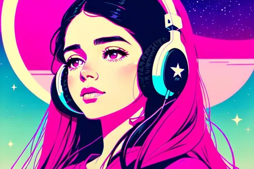 Prompt: hispanic girl wearing headphones,pink long hair, mountain background, star sky, moons, aesthetically pleasing pastel colors, poster background, art by conrad roset and ilya kuvshinov, pop art, lofi, neon colors