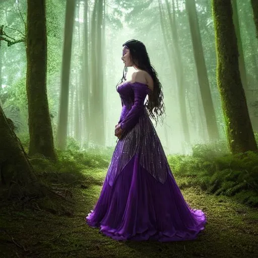 Prompt: As you enter the forest, the air around you begins to shimmer and sparkle with magic. The trees sway gently in the breeze, and a soft mist covers the ground. Suddenly, you catch a glimpse of a figure in the distance. As you draw closer, you realize it's a woman. She is wearing a flowing gown of deep purple, embroidered with silver thread that glitters in the sunlight. Her long, dark hair is braided into intricate patterns and adorned with sparkling jewels. In her hand, she holds a wand made of polished wood and precious stones. As she turns to face you, you see her eyes sparkle with a knowing twinkle, and you realize that you are in the presence of a powerful wizard.