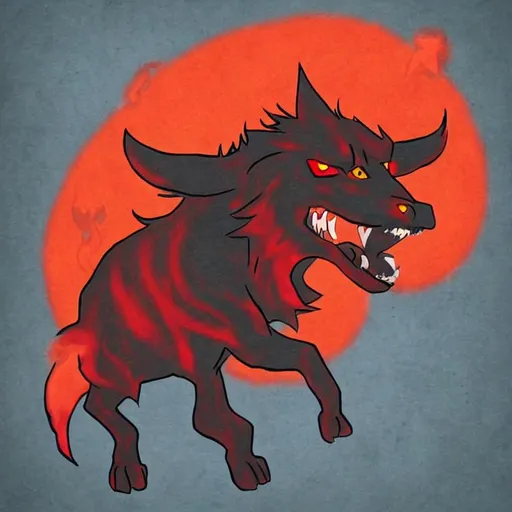 Prompt: cartoonist style hellhound with glowing eyes in a red mist
