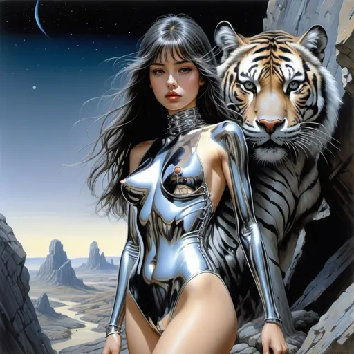 Prompt: Hajime Sorayama, Surrealism Mysterious strange fantasy. A beautiful girl with long dark hair, wearing a metal bodysuit slung over her shoulder, with a perfectly voluminous body. I walk along a rocky gorge, past an old, abandoned, dead spaceship on a dead planet, leading a tiger on a chain leash.  Meteor shower, gloomy atmosphere, detailed masterpiece