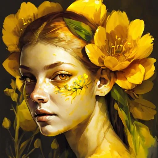 Prompt: fairy goddess of spring,yellow and orange flowers, facial closeup