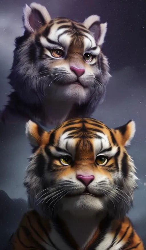 Prompt: | cute | young | male |  anthropomorphic | fluffy | tiger |  feline | khajiit | furry | fine face | green eyes | purpule tiger | pretty face | starry sky | sit on stone | pound