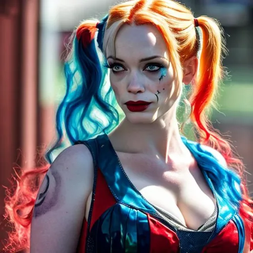 Prompt: Christina Hendricks as real life Harley Quinn