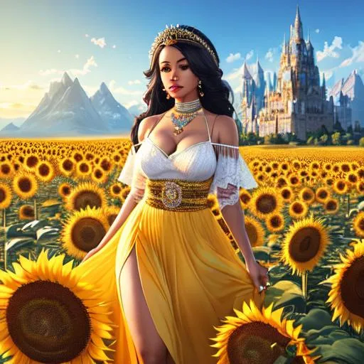 Prompt: Cardi. B, Hyper realistic, detailed face,battlefield ethereal  yellow  lace royal princess short skirt dress, floating city in background, jewelry set, straight super long hair, sunflowers and mountains  in the background, royal vibe, highly detailed, digital painting, HD quality, brown skin, artgerm, by Ilya Kuvshinov 