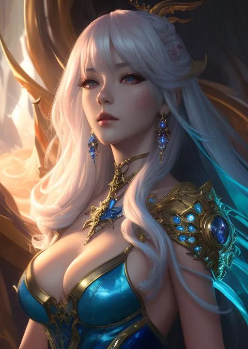 Prompt: Fantastical, oil painting style portrait of aion asmodean,  by Bayard Wu, Beritra Set cloth ,  beautiful body, extremely detailed, dramatic lighting, colorful, 4k, fantasy genre, sharp focus, galatic space , 