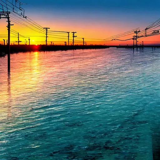 Prompt: train tracks in the ocean shallow water sunset power poles city in the distance nostalgic feeling