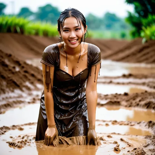 Prompt: photo of young woman, soaking wet clothes, heels, pattern tights lace muddy, brown muddy shiny dress cleavage muddy arms,  , asian girl standing pouring of mud over her face muddy hair covered dirty arms,   enjoying, water dripping from clothes, clothes stuck to body,  detailed textures of the wet fabric, wet face, wet plastered hair,  wet, drenched, professional, high-quality details, full body view.