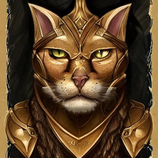 Prompt: full face and upper body DnD detailed art portrait of a tabaxi, lionin, paladin in golden plate armor