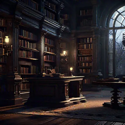 Prompt: concept art of a dark victorian library, at night, gloomy, perfect lightning, accurate furniture, ultra fine details, very fine details, intricate scene, highly realistic, gloomy, gothic, dreadful, trending on Artstation and Unreal Engine, 4K